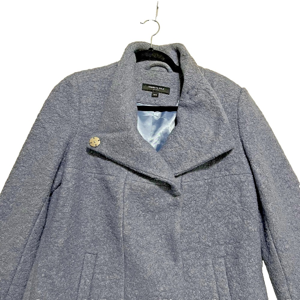 Kenneth Cole Women's M Boucle Wool Blend Coat Blue Asymmetrical Collar NWT